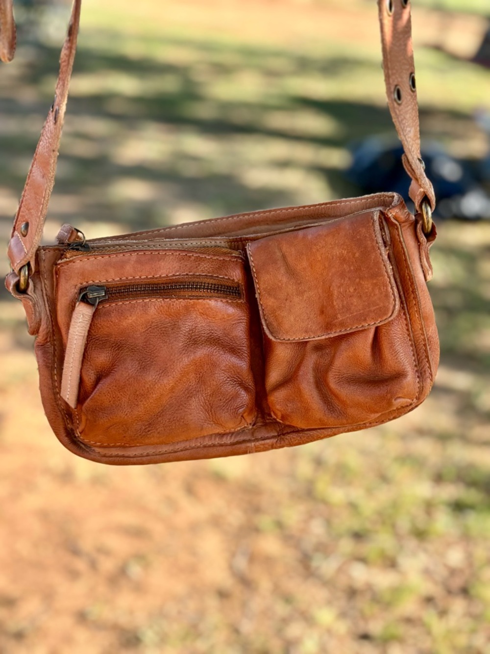 Free People Distressed Tan Leather Crossbody Belt Bag with Studded Strap - Picture 3 of 5